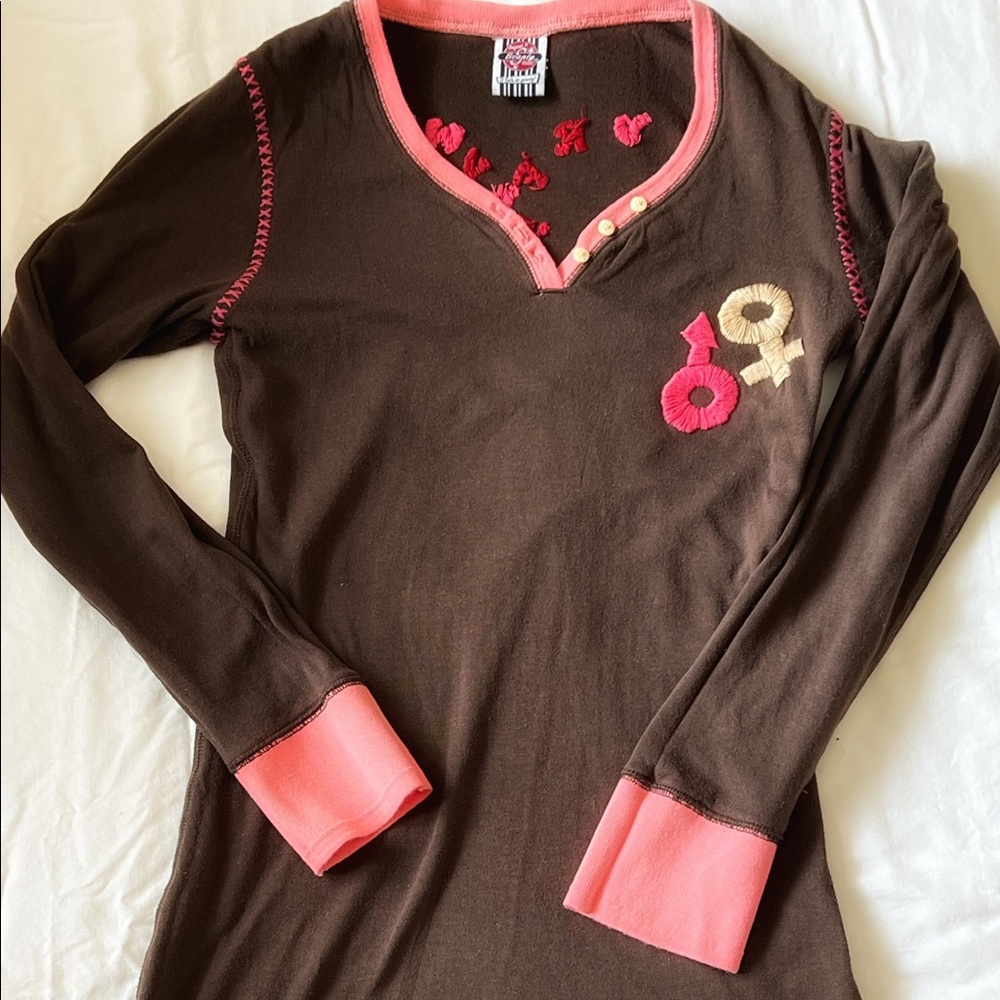 Boho Embroidered Nightshirt nightgown Love Heart Handstiched Brown Pink Large